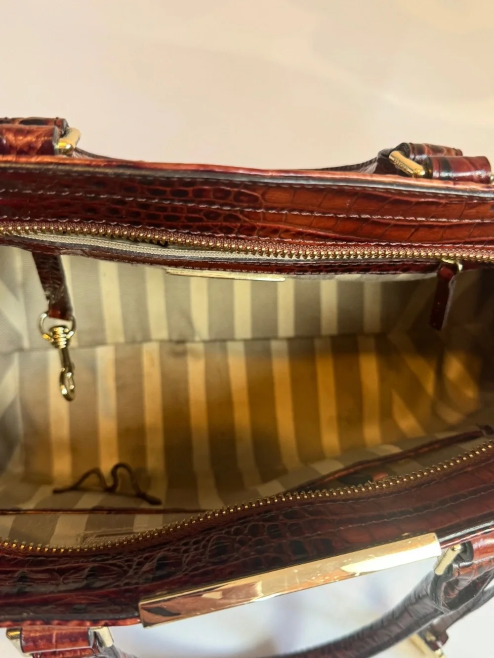 Brahmin Satchel Handbag Snakeskin Leather Trim Mini Asher Melbourne Hemlock
